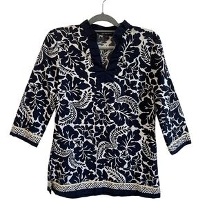 Brooks Brothers 346 Floral‎ Print Tunic Top Navy Blue White Womens Small Cotton